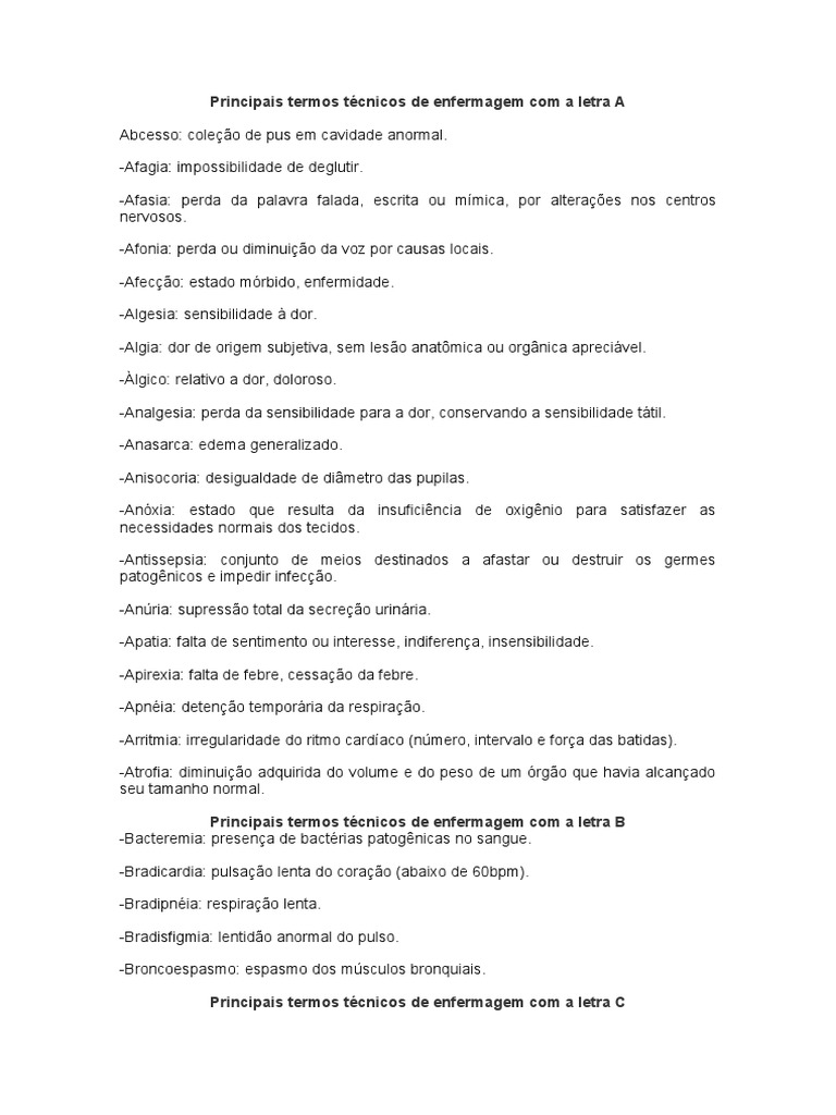 Principais Termos Técnicos de Enfermagem | PDF | Dor | Esôfago