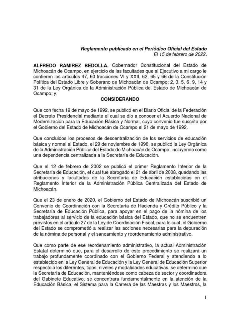 Reglamento Interior de Educación en Michoacán | PDF | Educación de la ...