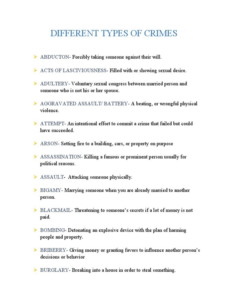 Different Types of Crimes | PDF | Assault | Theft
