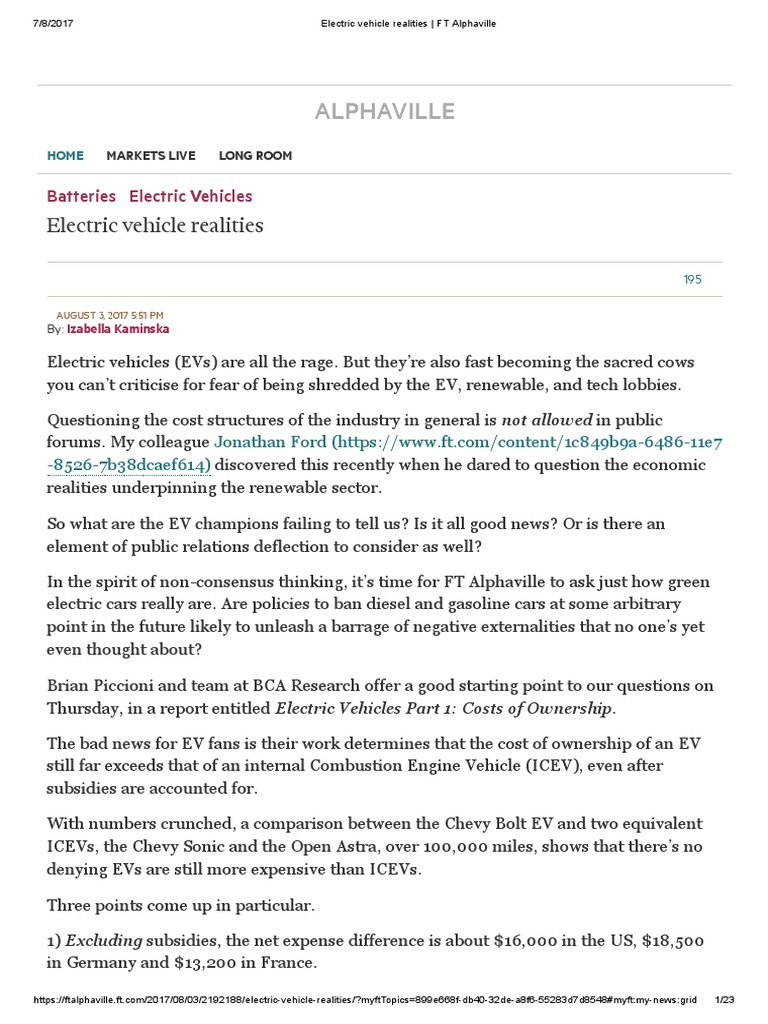 Electric Vehicle Realities FT Alphaville PDF Electric Vehicle