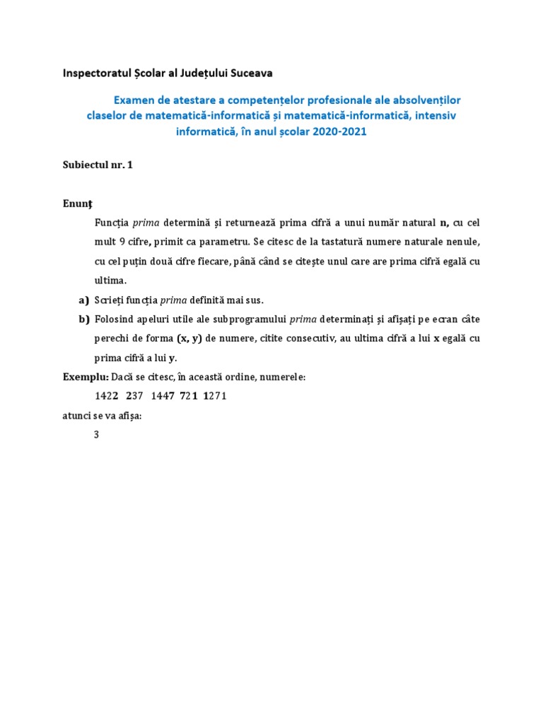 Subiecte Atestat Programare 2021 | PDF
