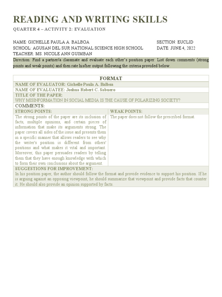 Reading and Writing Skills Quarter 4 - Activity 2 (Evaluation) | PDF
