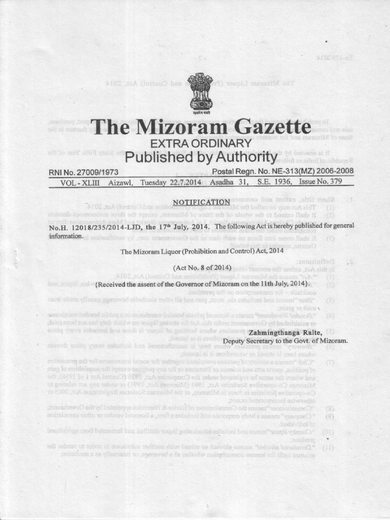 Mizoram Liquor Prohibition and Control Act 2014 PDF Fermented