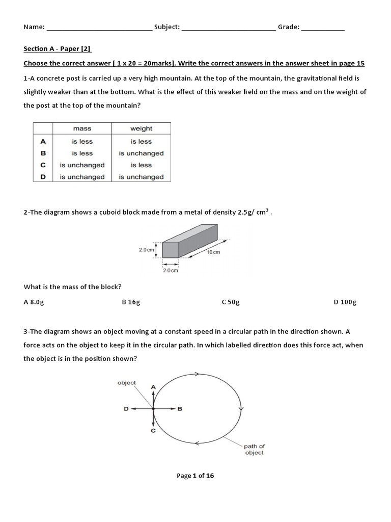 Physics Exam Questions on Forces and Motion | PDF | Force | Mass