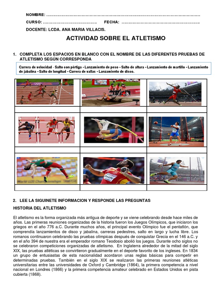 Actividad sobre el Atletismo y su Historia | PDF | Deporte del ...