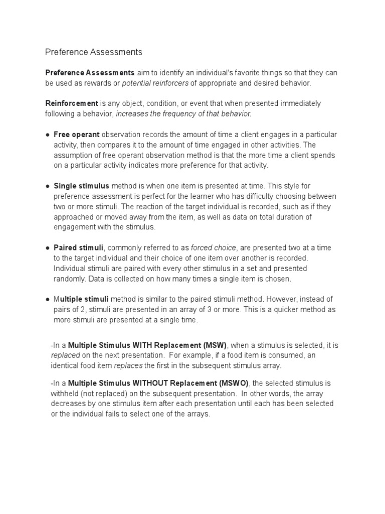 Preference assessments pdf reinforcement behavior modification