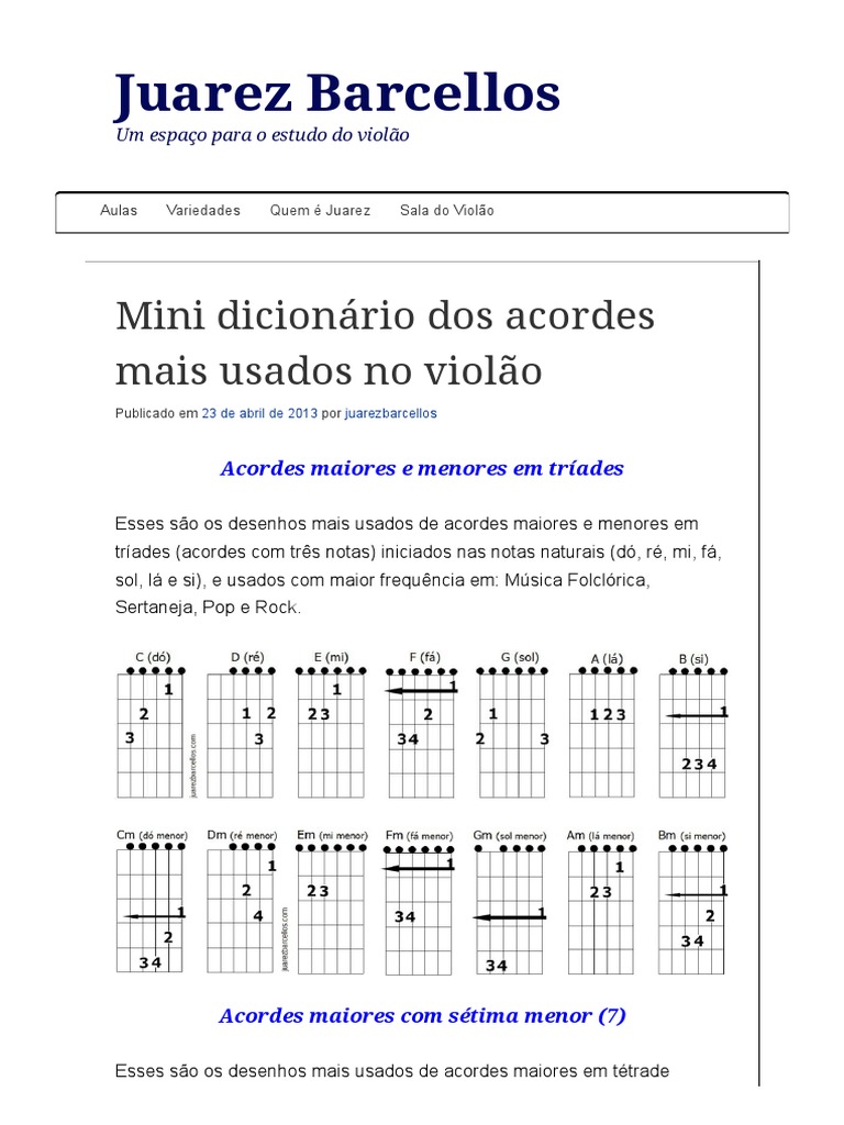 Mini Dicionário Dos Acordes Mais Usados No Violão Juarez Barcellos