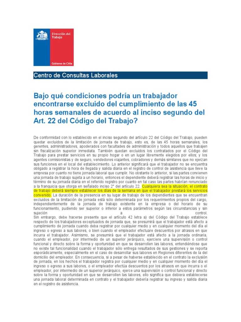 Exclusiones del Art. 22 del Código Laboral | PDF | Tiempo de trabajo ...