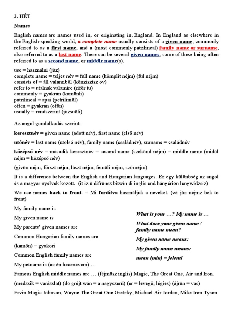 Names, Family, Languages, Food | PDF