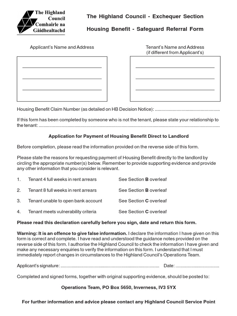 Application For Payment of Housing Benefit Direct To Landlord Safeguard Referral Form PDF