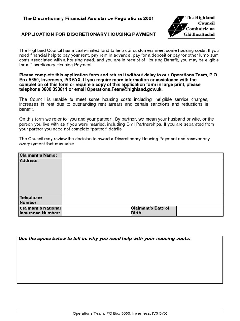 Application For Discretionary Housing Payment 1 PDF Landlord Renting