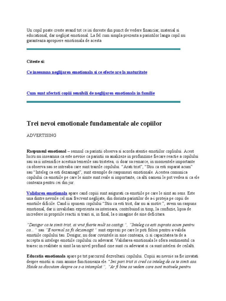 Nevoi Emotionale Ale Copiilor | PDF