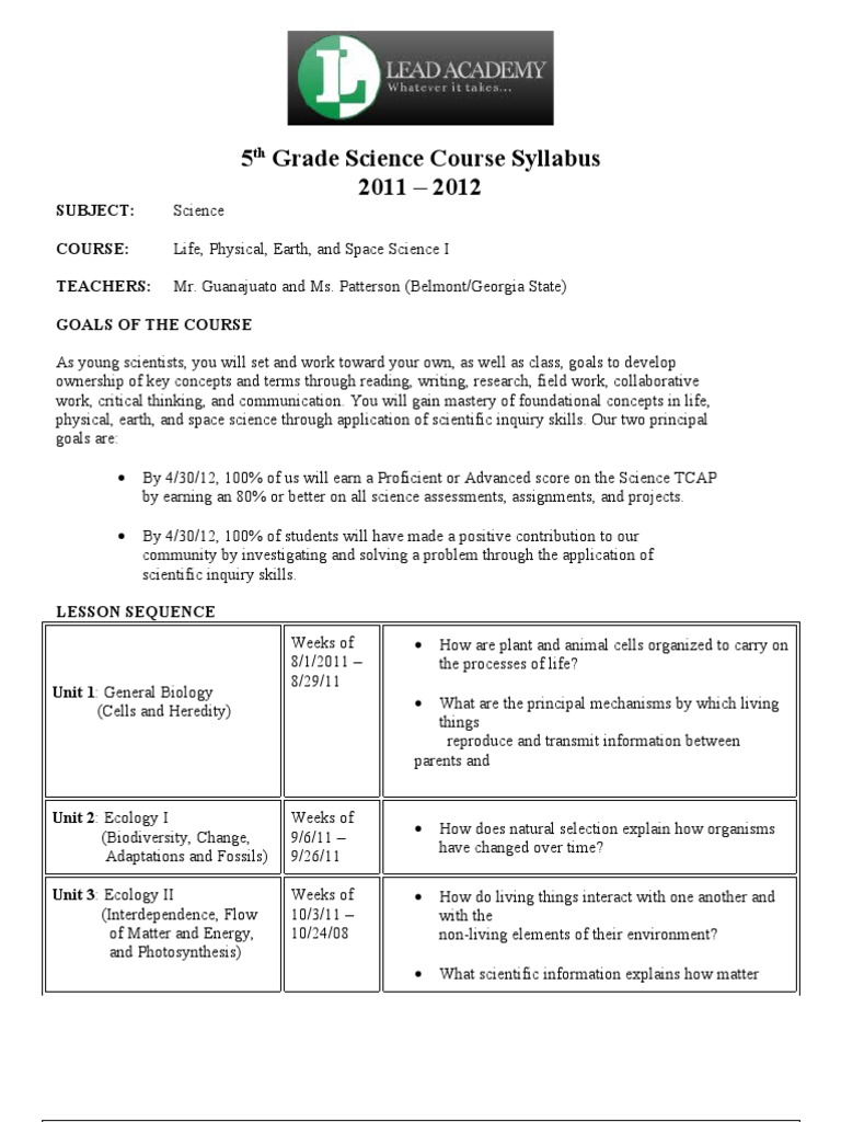 5th Grade Science Course Syllabus 2011 - 2012 | PDF | Homework | Life