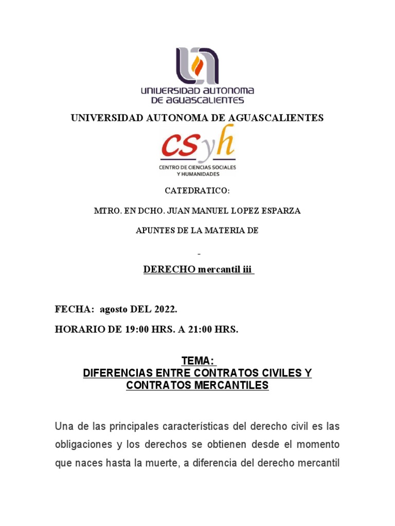 APUNTES DE DIFERENCIAS ENTRE CONTRATOS CIVILES Y CONTRATOS MERCANTILES ...
