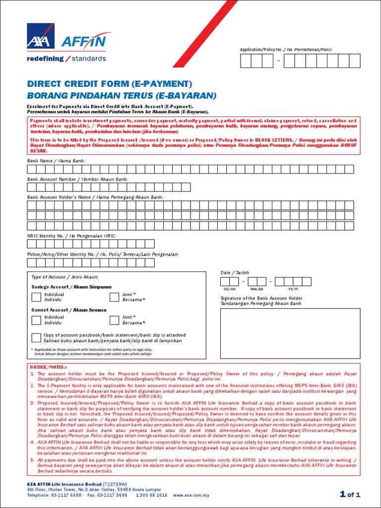 Direct Credit Form (EPayment) Borang Pindahan Terus (EBayaran) PDF