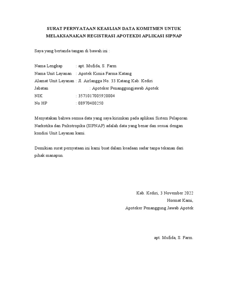 Surat Pernyataan Komitmen Sipnap | PDF