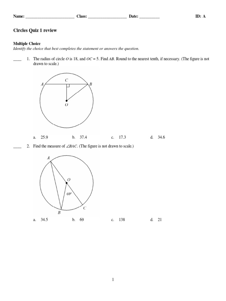 Circles Quiz 1 Review Answers and Explanations PDF Geometry