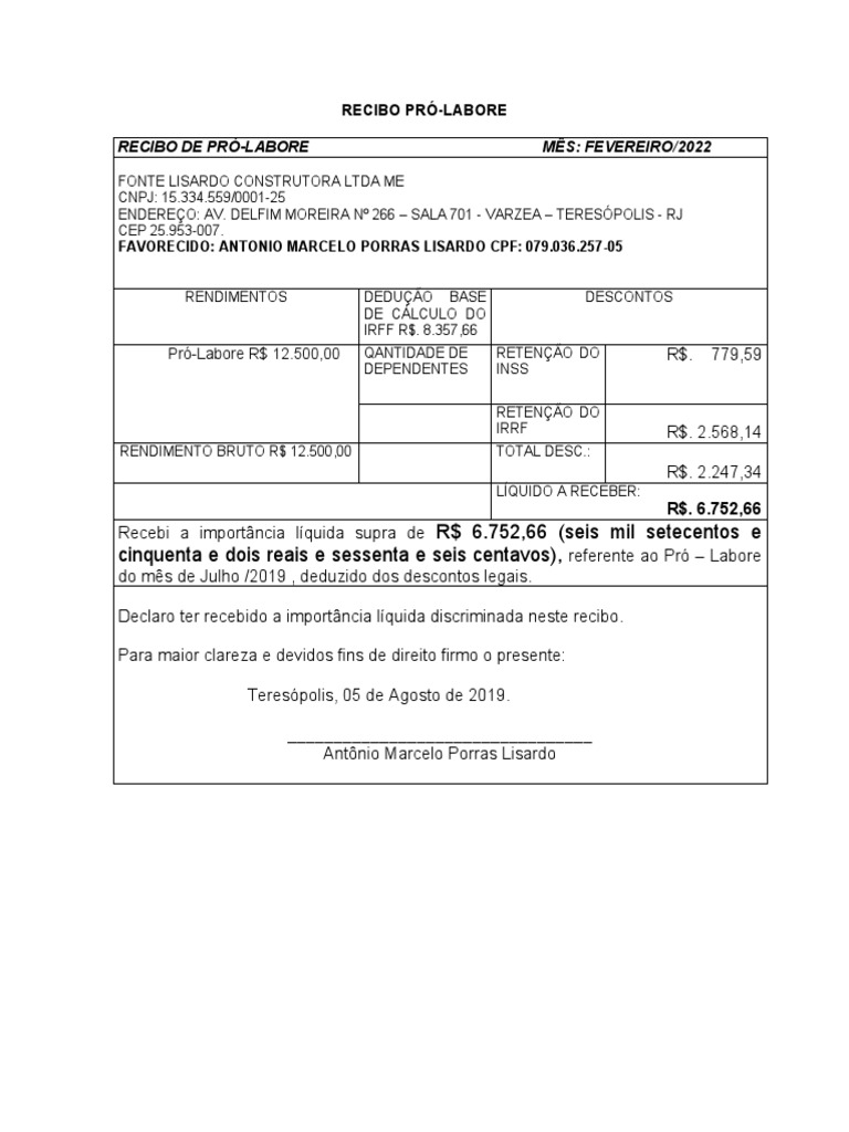 Pro Labore Antônio Marcelo | PDF | Finanças e Administração de Capital