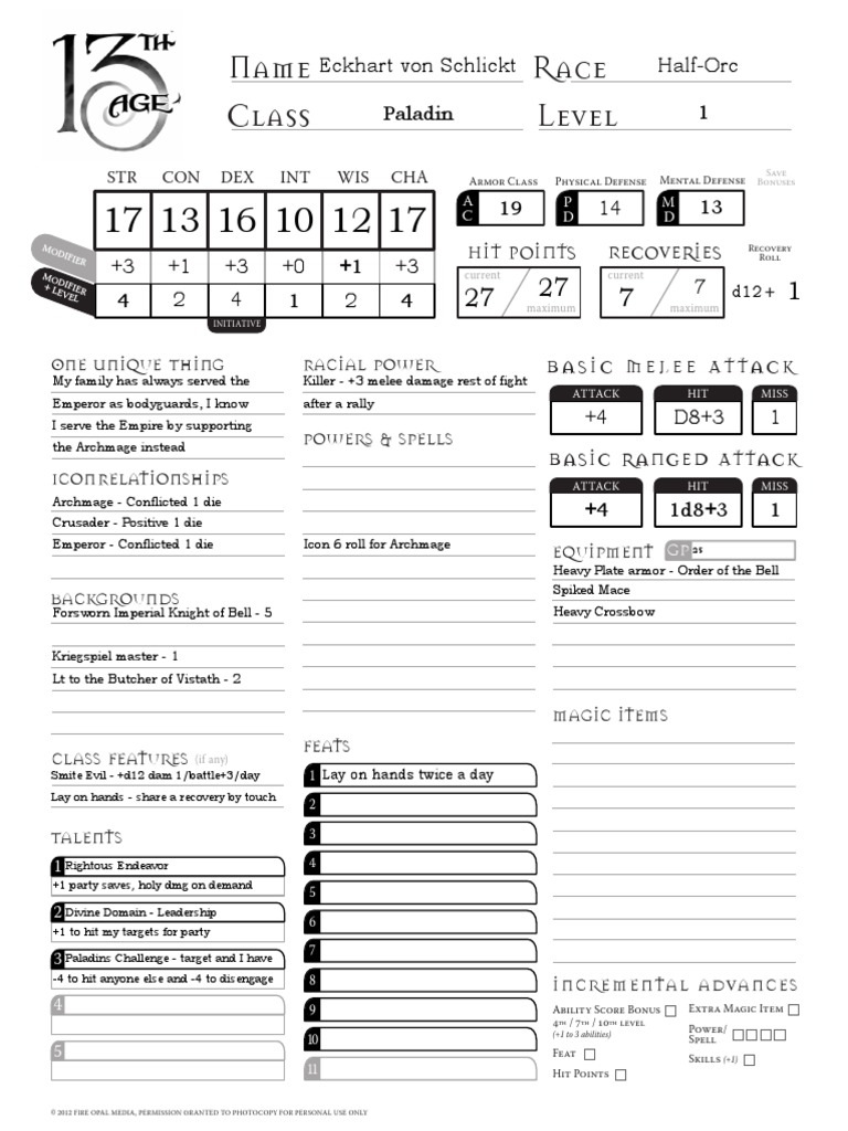 13th Age Character Sheet Fillable PDF D20 System Gaming