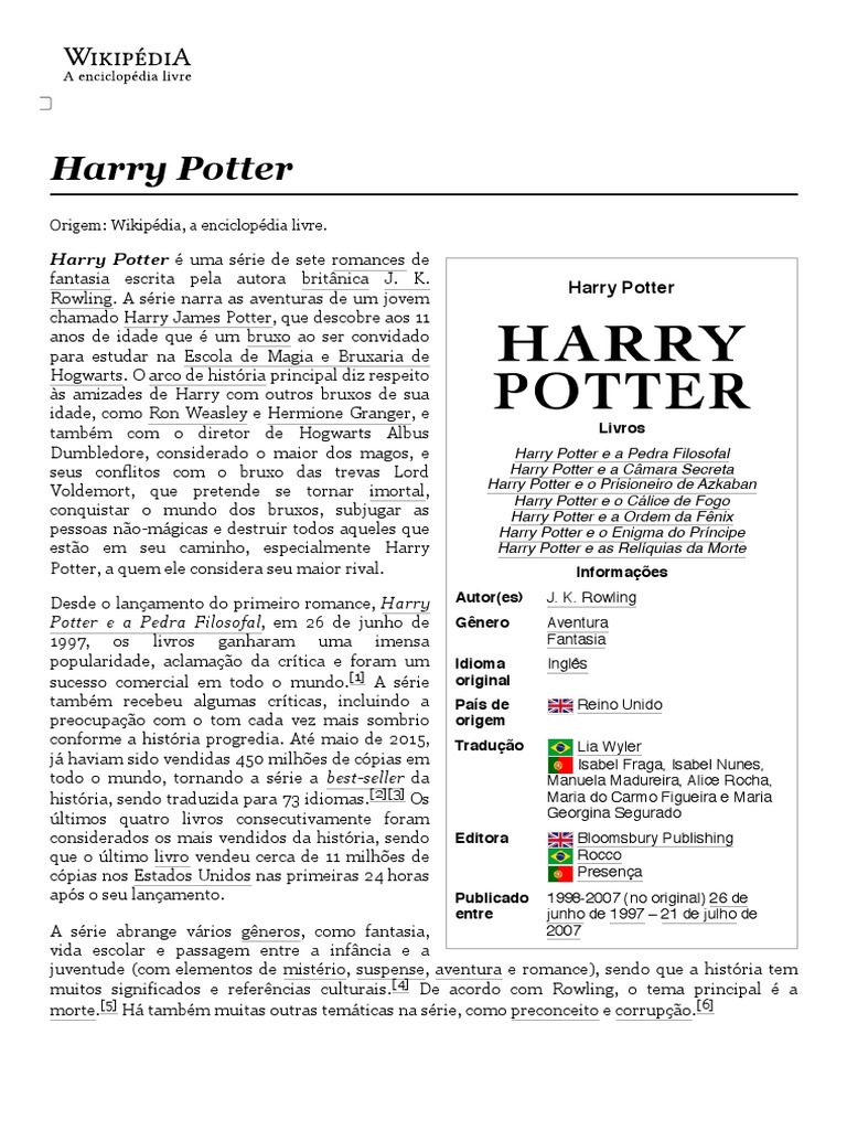 Harry Potter Wikipédia, A Enciclopédia Livre PDF Harry Potter J
