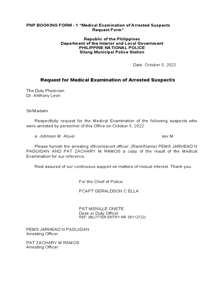 Medical Examination Request for Arrested Suspects | PDF
