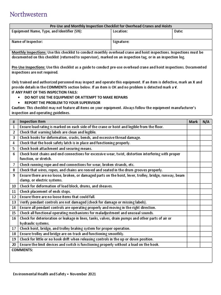 Overhead Crane and Hoist Inspection Checklist | PDF | Crane (Machine ...