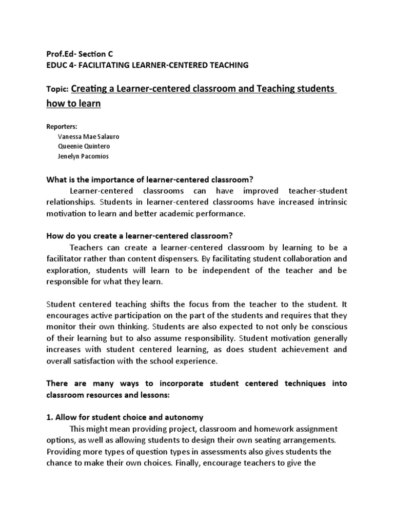 Educ 4 group 1 creating a learner centered classroom and teaching