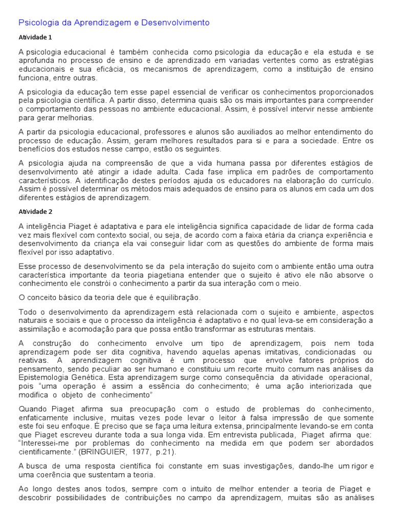 Psicologia da Aprendizagem e Desenvolvimento | PDF | Aprendizado ...