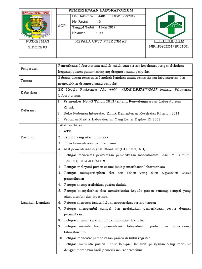 SOP Pemeriksaan Lab Puskesmas | PDF | Kesehatan Holistik