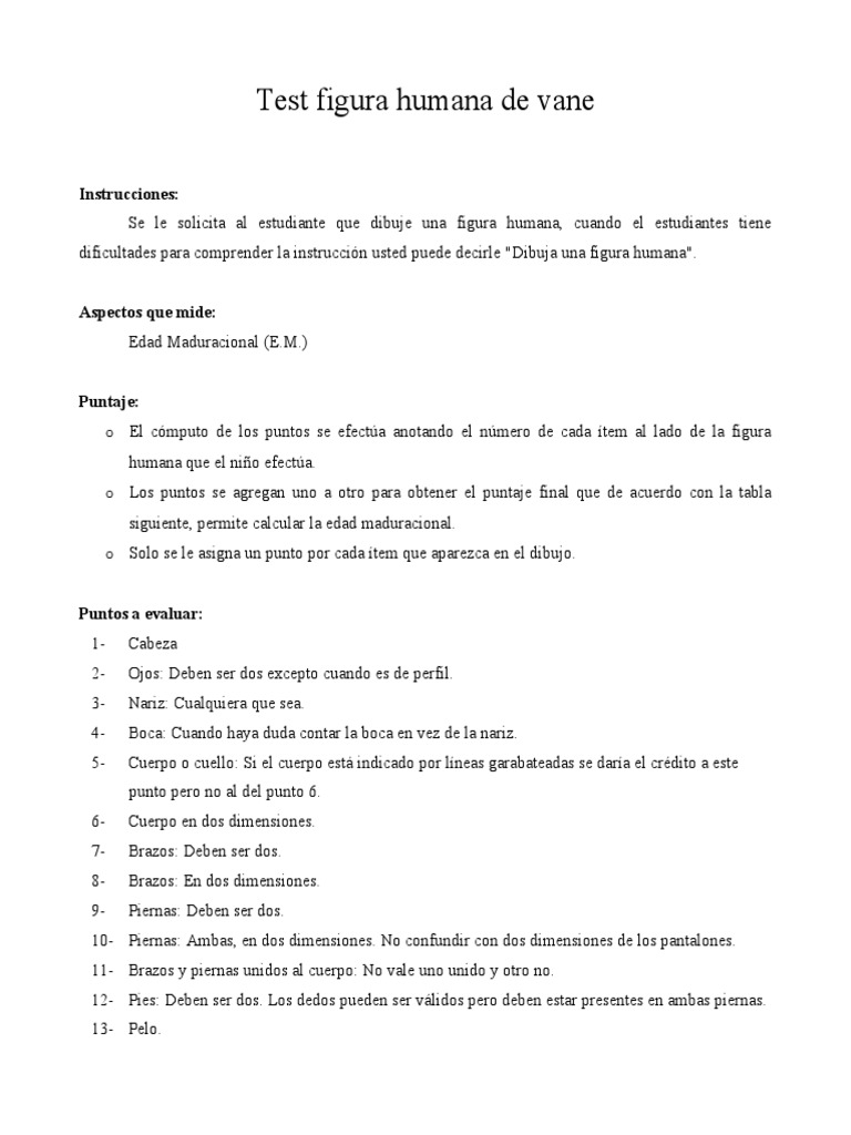 Test Figura Humana de Vane | PDF | Anatomía | Anatomía humana