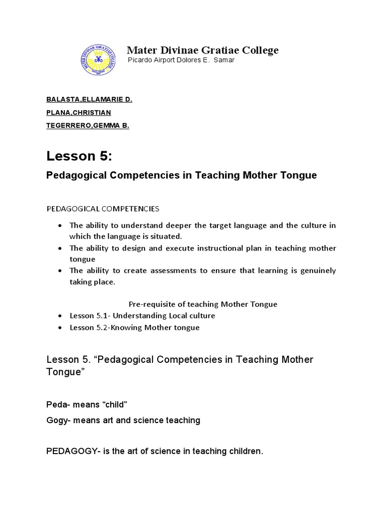 Pedagogical competencies in teaching mother tongue understanding the