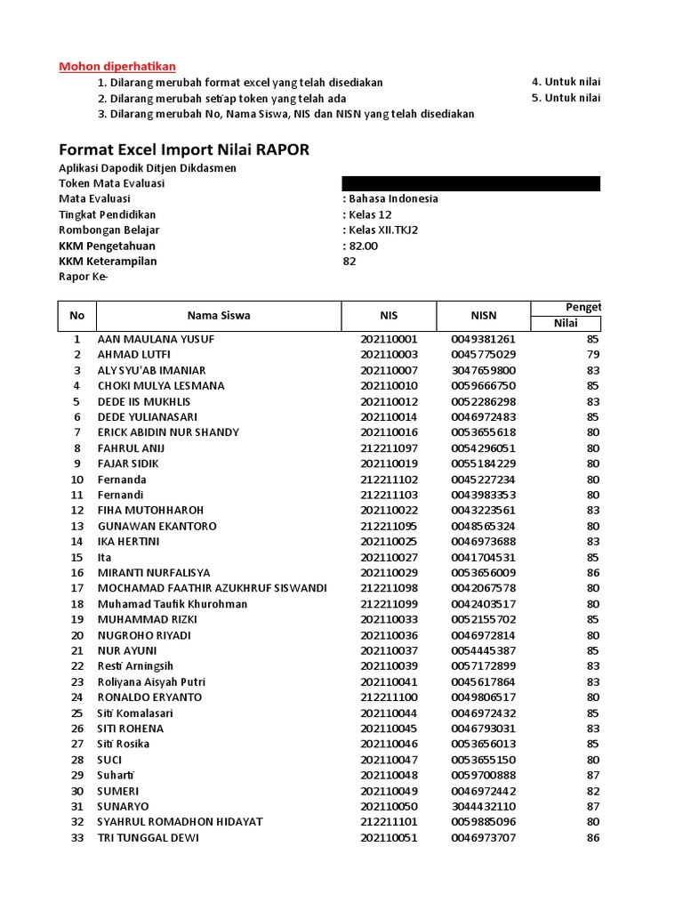 Format-Nilai-Rapor-20221-Kelas - XIITKJ2-Bahasa Indonesia | PDF