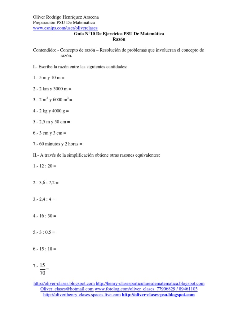 Ejercicios de Razón para PSU Matemática | PDF | Ciencia y matemáticas