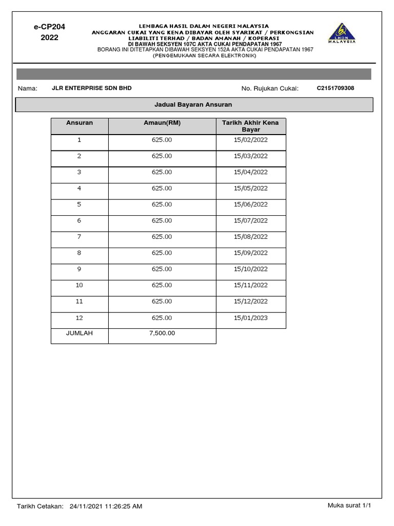 Jadual Bayaran Ansuran CP204 - JLR ENTERPRISE SDN BHD | PDF