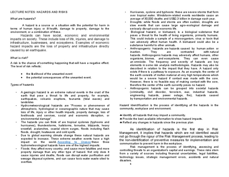 Lecture Notes In Hazards And Risks Pdf Hazards Environment