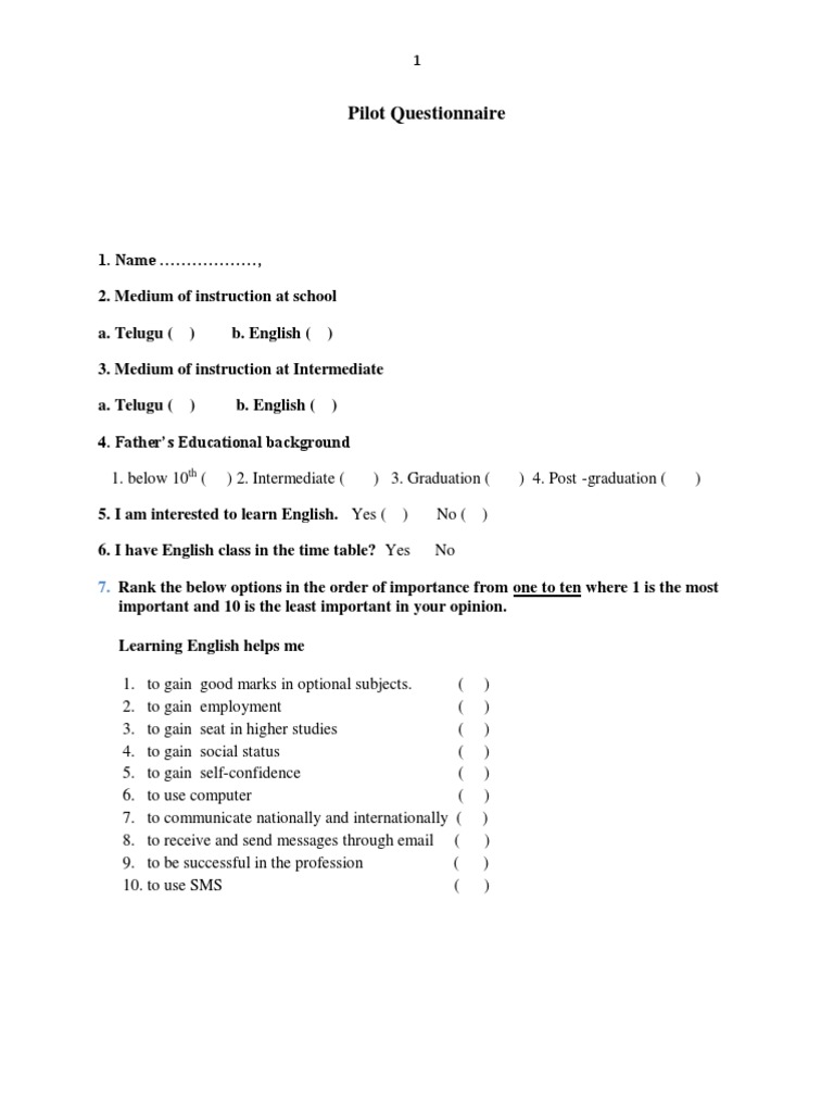 Pilot Questionnaire PDF Nursing Cognition