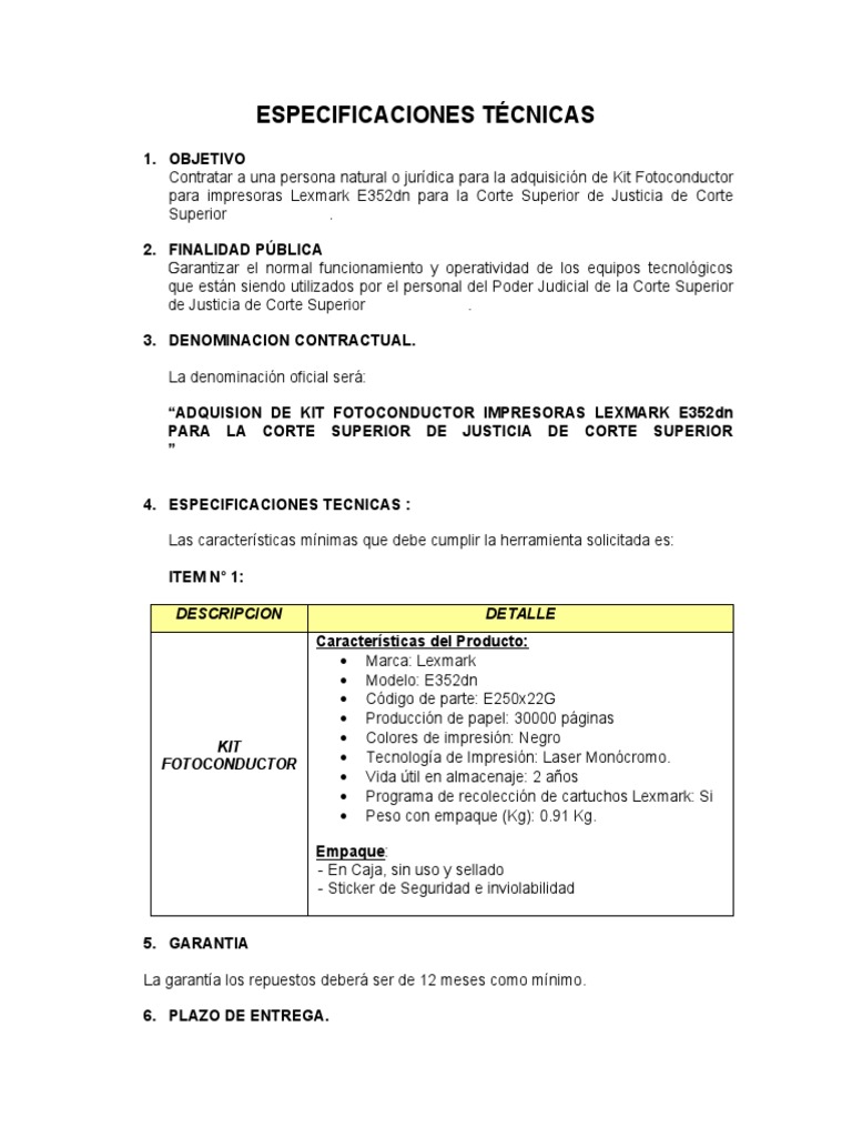 Lexmark E352dn Kit Fotoconductor ESPECIFICACIONES TECNICAS PDF