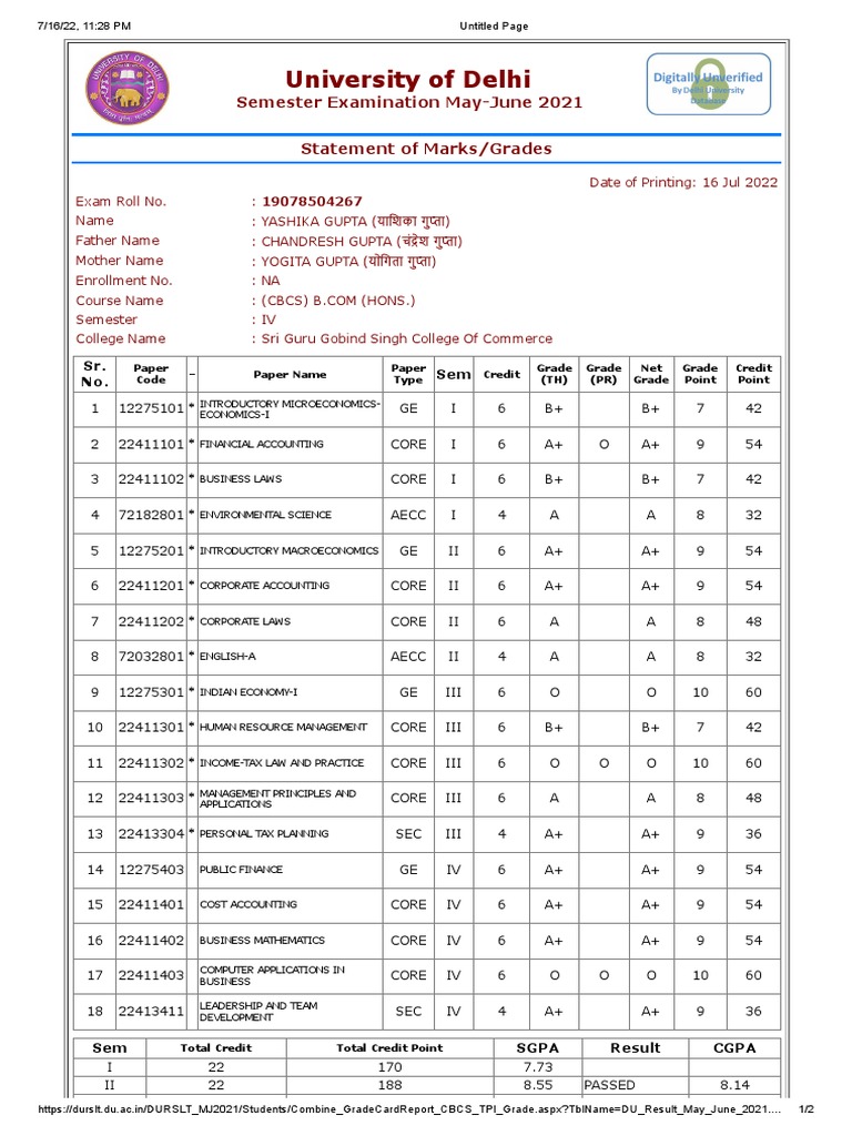 Du sem4 marksheet pdf