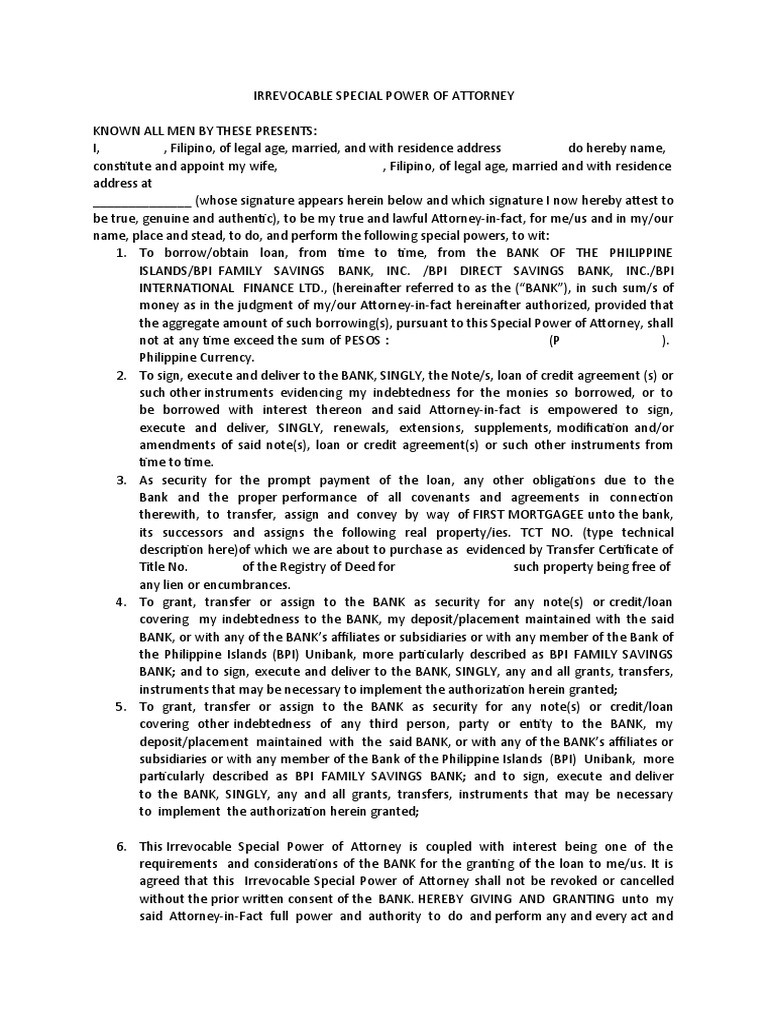 Irrevocable Special Power of Attorney | PDF | Loans | Power Of Attorney
