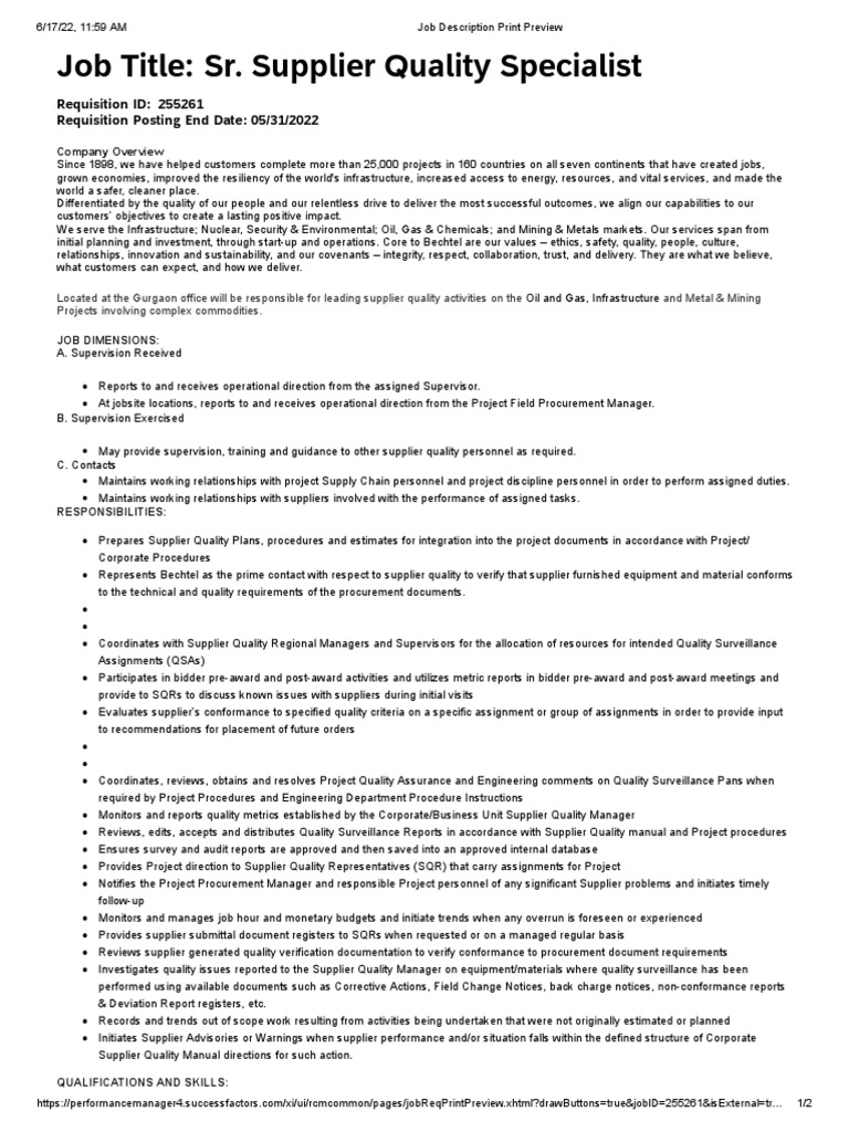 Job Description Sr. Supplier Quality Specialist (255261) | PDF | Supply ...