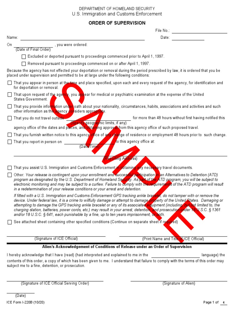 ICE Form I-220B: Order of Supervision | PDF | Emigration, Immigration ...