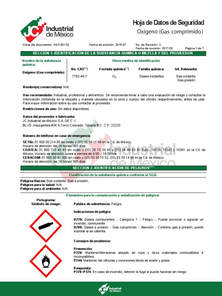 Msds Oxigeno Gas Comprimido | PDF | Oxígeno | Incendios