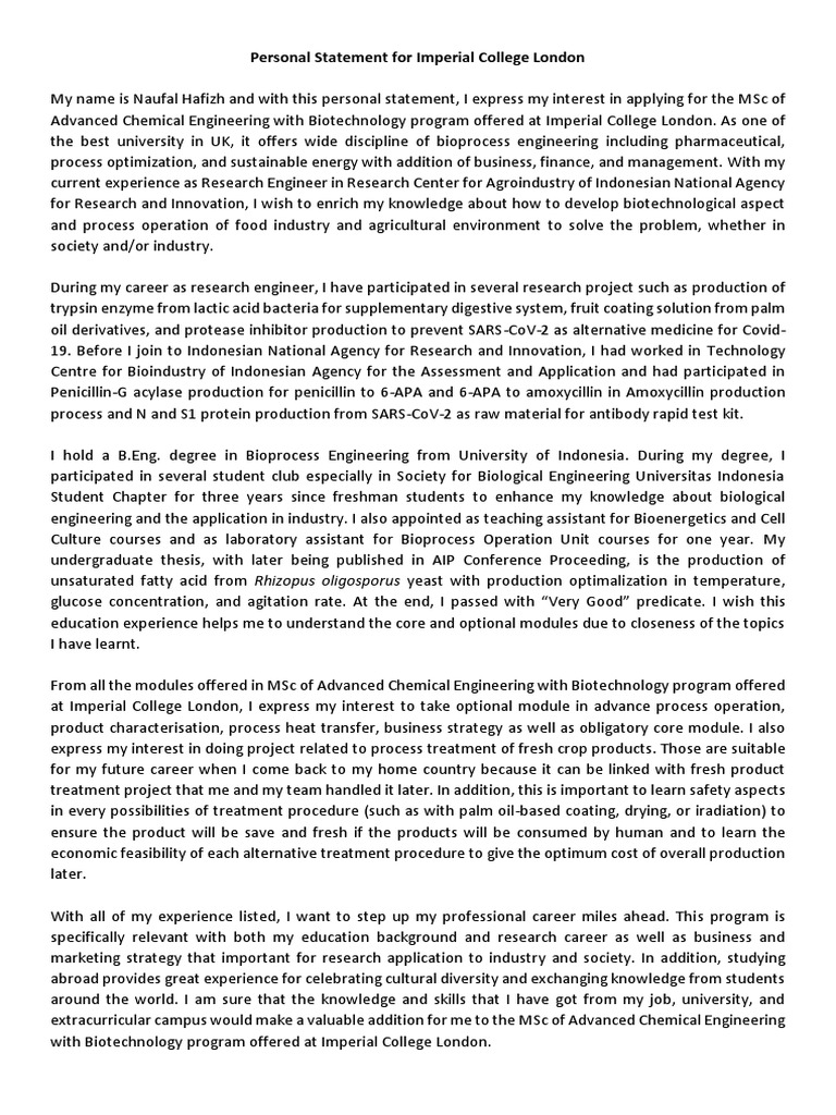 Naufal Hafizh Personal Statement For Imperial College London Download Free PDF