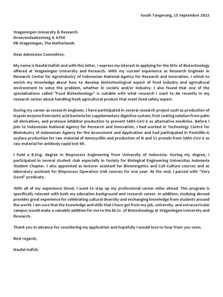Motivation letter for wageningen university and research pdf