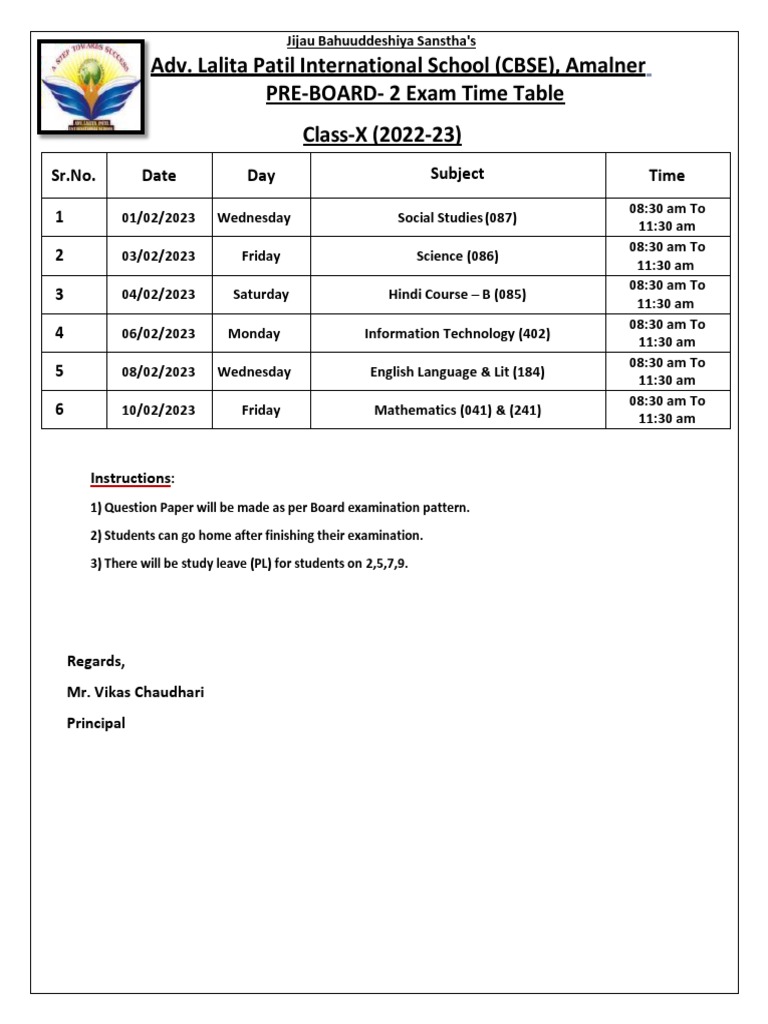 Class X Pre-Board 2 Exam Schedule | PDF