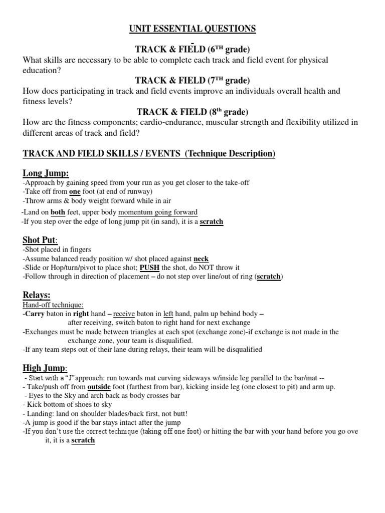 Track and Field Unit Study Guide PDF Track And Field Running