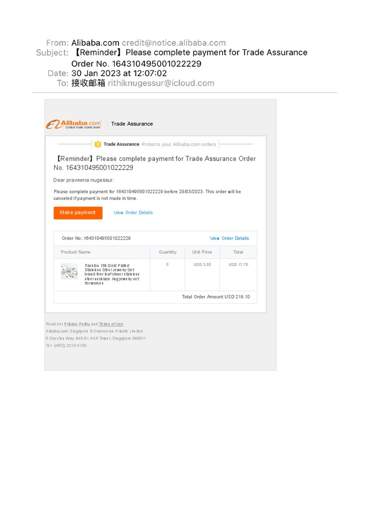【Reminder】Please Complete Payment for Trade Assurance Order No ...