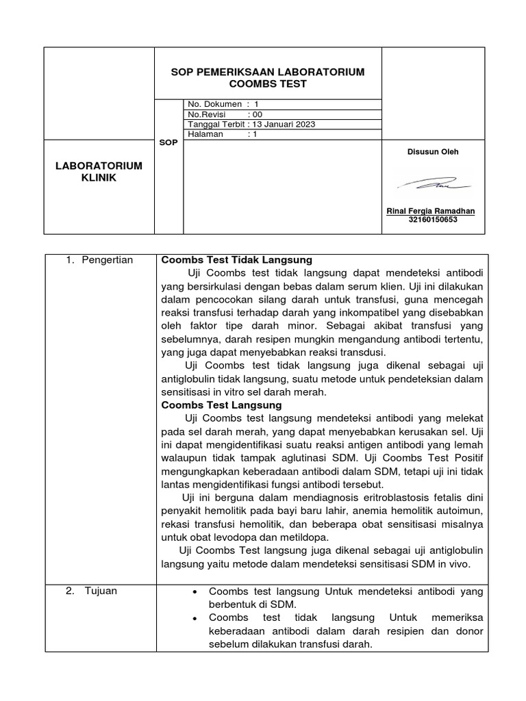 Sop Pemeriksaan Laboratorium Coombs Test | PDF