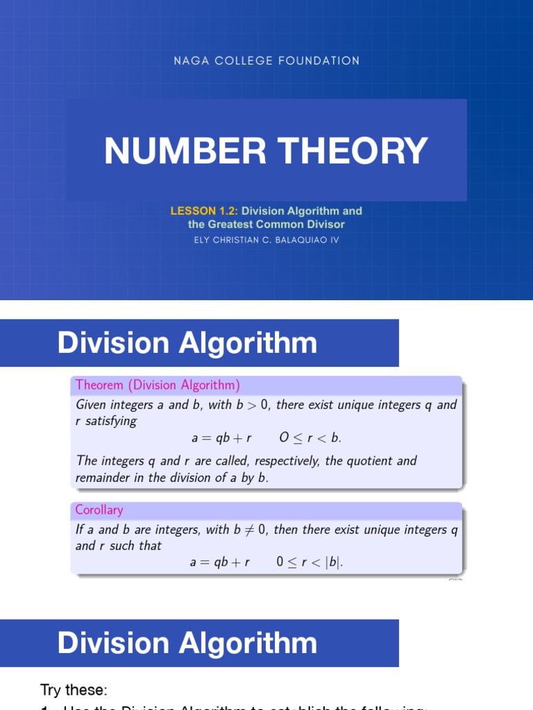 Lesson1.2 - Division Algorithm and The Greatest Common Divisor | PDF ...