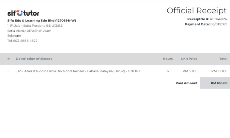 Online Bahasa Malaysia Class Receipt | PDF
